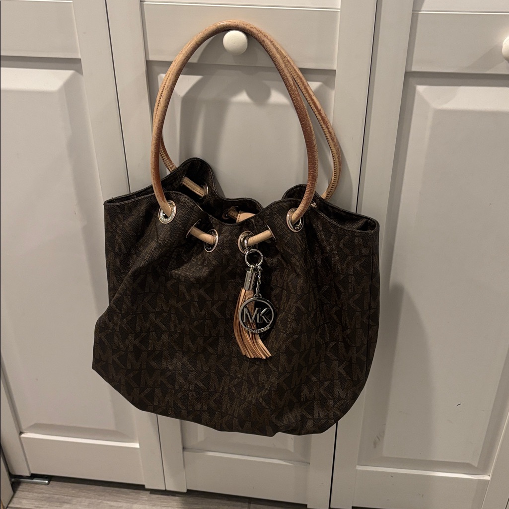 Michael Kors Dark Brown Tote With Tan Accents And Wallet